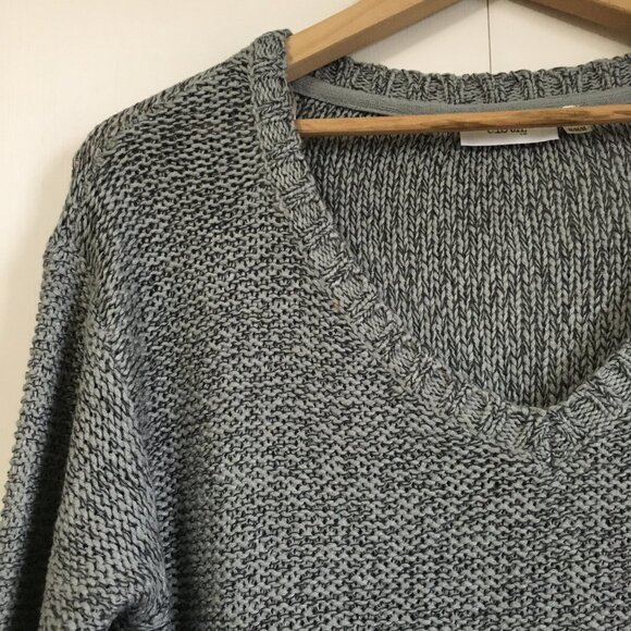 NWOT Grey Knit Drop Tail Hem Sweater With Acid Yellow Elbow Patches - Picture 3 of 16